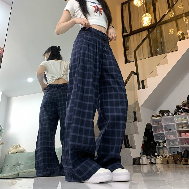 Women casual pant retrosummer breasted grids pattern