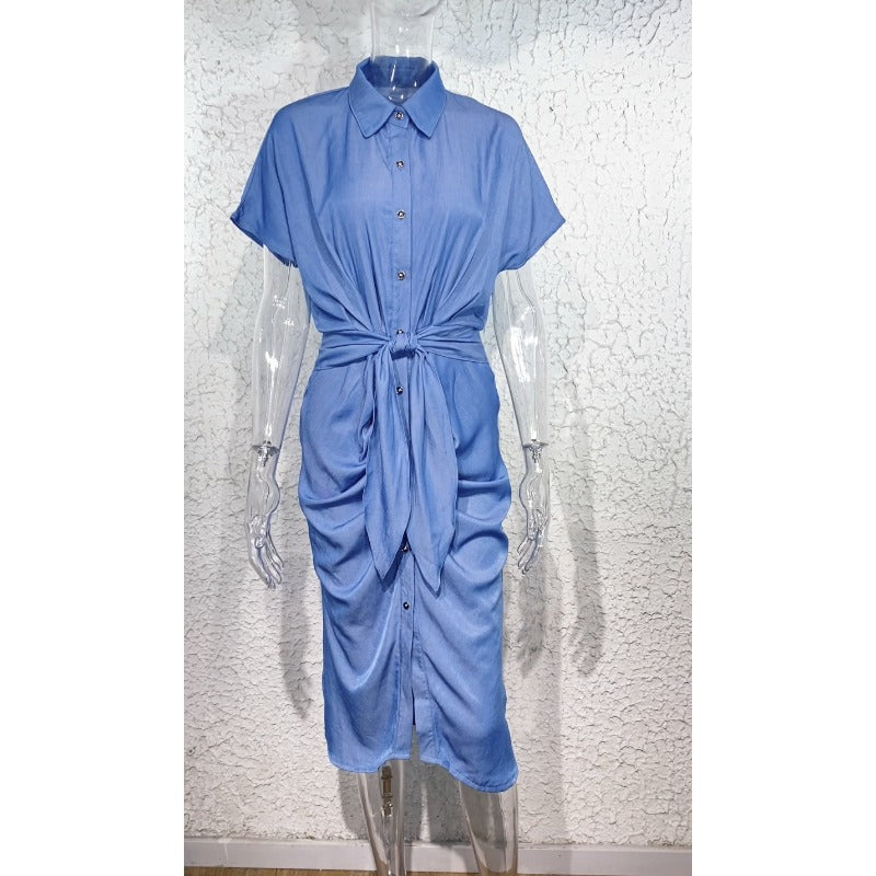 Women's dress european and american cross-border mid-length skirt shirt collar slit pleated silm washed denim dress