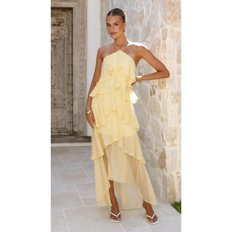 Women's off-the-shoulder european and american style fashionable chiffon printed fairy long elegant evening gown dress for cross-border e-commerce