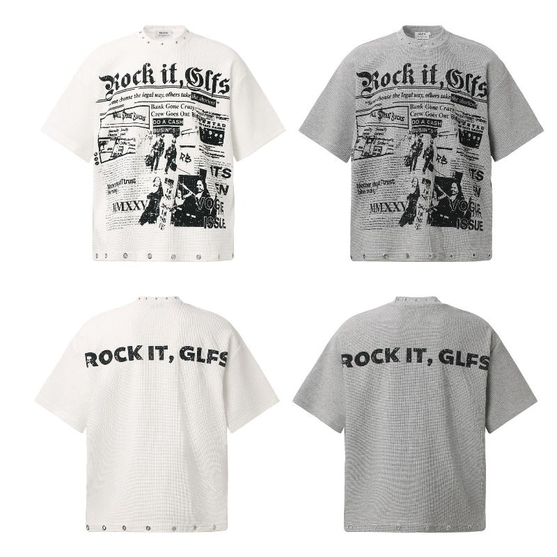 Men t shirts t american retrocouple street trendy waffle grids magazine design rivets high street men's loose round neck t-shirt