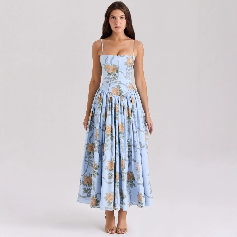 Women's dress - amazon cross-border fashion: elegant, chic, and flattering floral print slip dress - slim fit, figure-flattering, and ethereal
