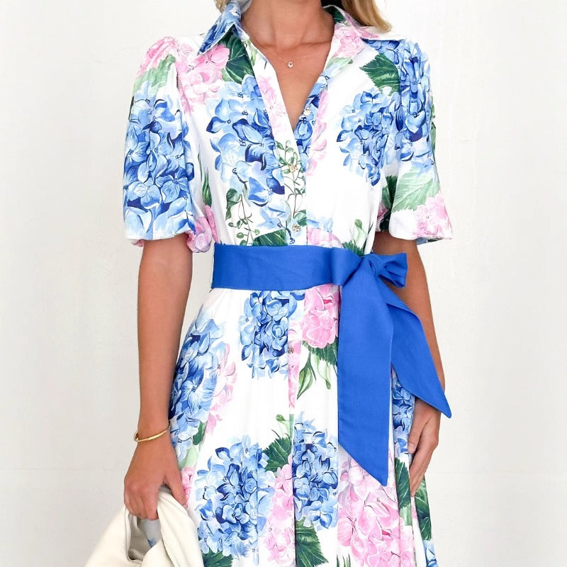 Women's dress - cross-border e-commerce, european & american style, bohemian print, spring/summer short sleeve a-line dress with belt