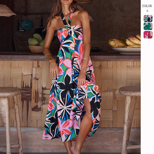 Women's dress - standalone e-commerce site - cross-border fashion - european & american summer dress - halter neck sleeveless printed a-line bohemian maxi dress for women