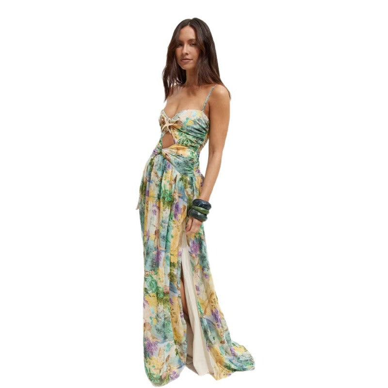Women's dress: european and american export, new european and american swimwear, starfish embellished floral print, vacation hollow-out one-piece dress for women