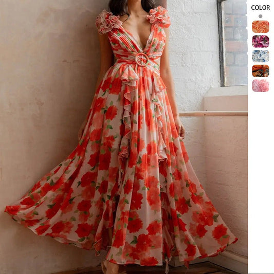 Women's dress - amazon us & europe style - instagrammable vacation maxi dress - cutout, slim fit, deep v neck, ruffle trim, floral print, open back dress