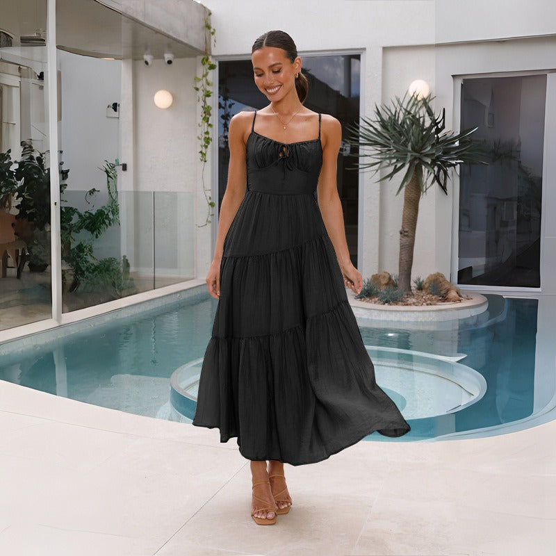 Women's dress - cross-border european & american style, patchwork camisole maxi dress with open back, tie detail, and full skirt. fully lined