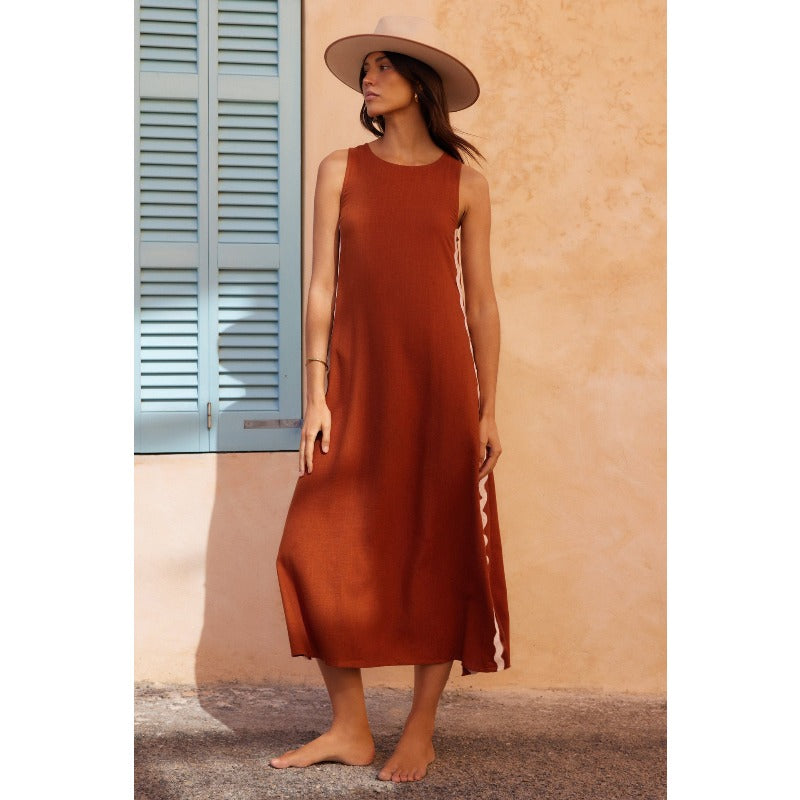 Women's sleeveless midi dress - spring/summer casual fashion: round neck, solid color, lace trim, and slit detail