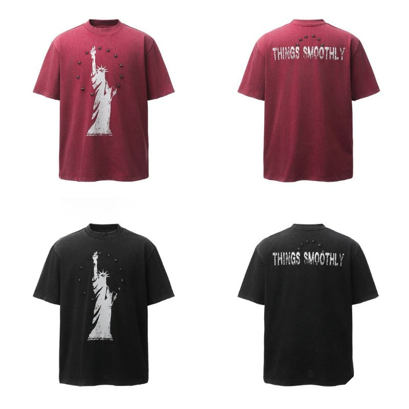 Men's t-shirts: american retro heavyweight double yarn distressed metal embellished design, men's high street oversized short sleeve tee