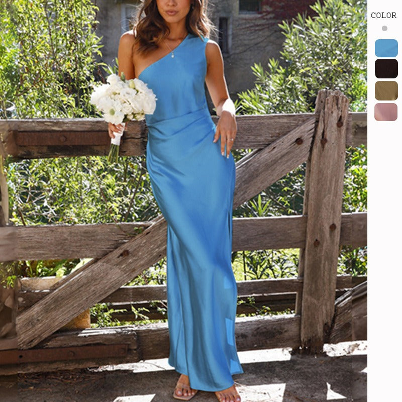 Women's dress - cross-border amazon spring/summer european and american style - elegant, slim-fit, one-shoulder, socialite-inspired, slit, sexy satin dress for women