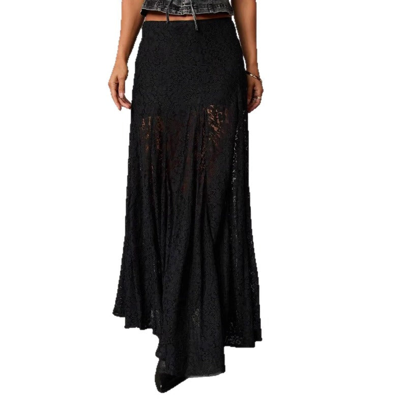 Women's dress: versatile black lace see-through sexy ankle-length skirt - european & american style, summer fashion, mid-waist, work-ready midi skirt for women
