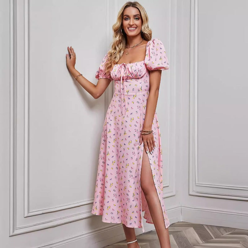 Women's dress - in-house photography - spring/summer european & american fashion - women's bubble sleeve tie-up bandeau slit floral mini dress - short sleeve