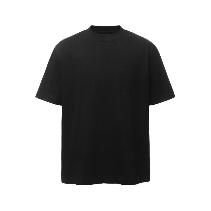 Men's heavyweight premium american retro streetwear washed & distressed high-street loose fit summer short sleeve t-shirt