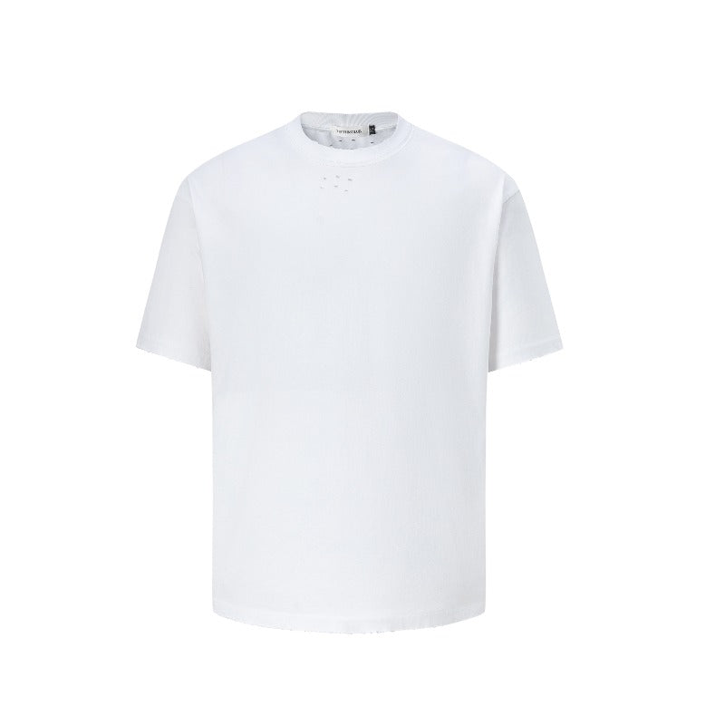 Men's t-shirts: american street style, unisex, premium summer solid color tee with distressed details - relaxed fit, short sleeve
