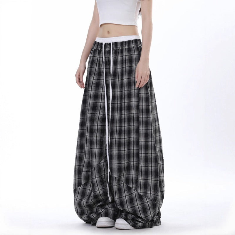Women casual pants black and white grids high waist