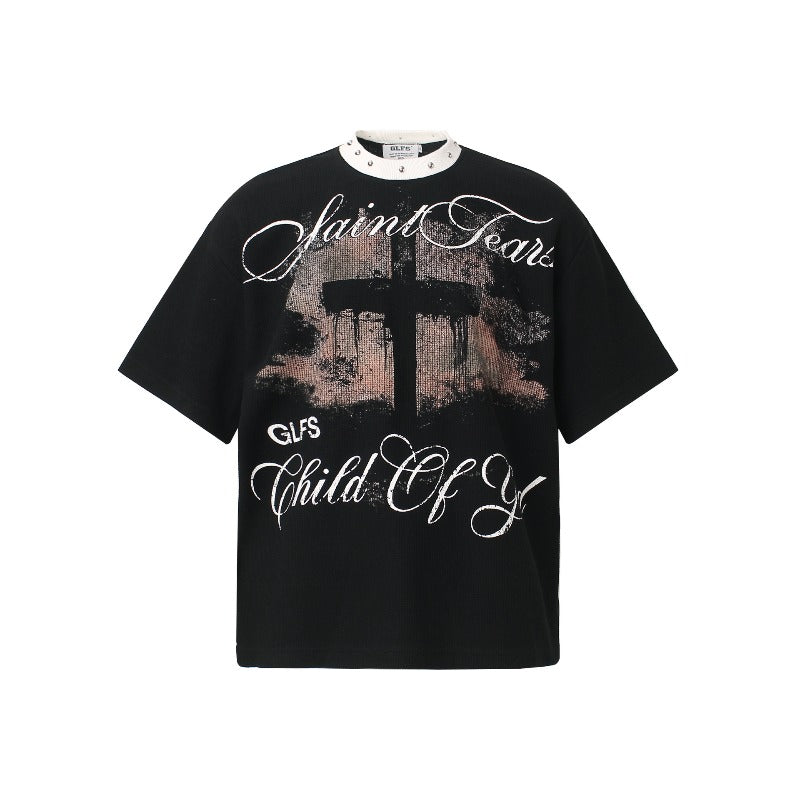 Men t shirts t american retrocouple street trendy waffle grids graffiti printing design high street men's loose round neck t-shirt