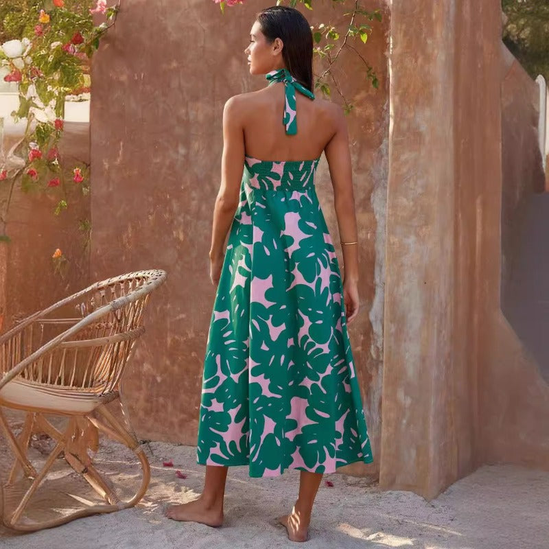 Women's dress - standalone e-commerce site - cross-border fashion - european & american summer dress - halter neck sleeveless printed a-line bohemian maxi dress for women