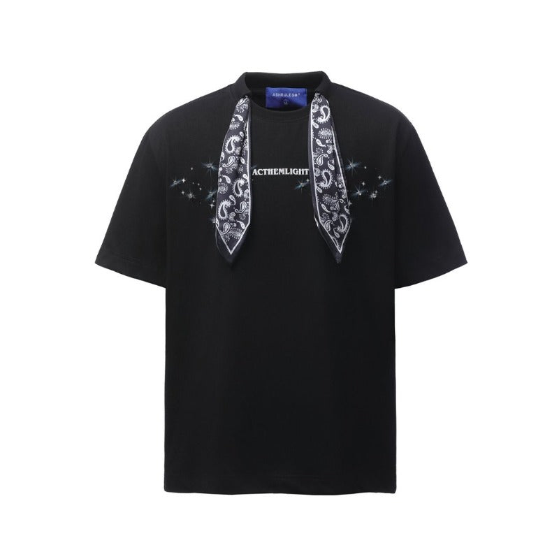 Men t shirts american retroheavy weightg double yarn high quality street fashion high street round neck square scarf men's loose short-sleeved t-shirt