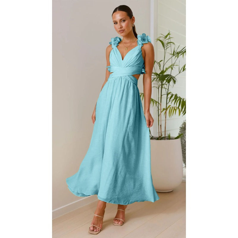 Women's chiffon floral dress - summer bestseller: backless, criss-cross tie, ruched, maxi dress
