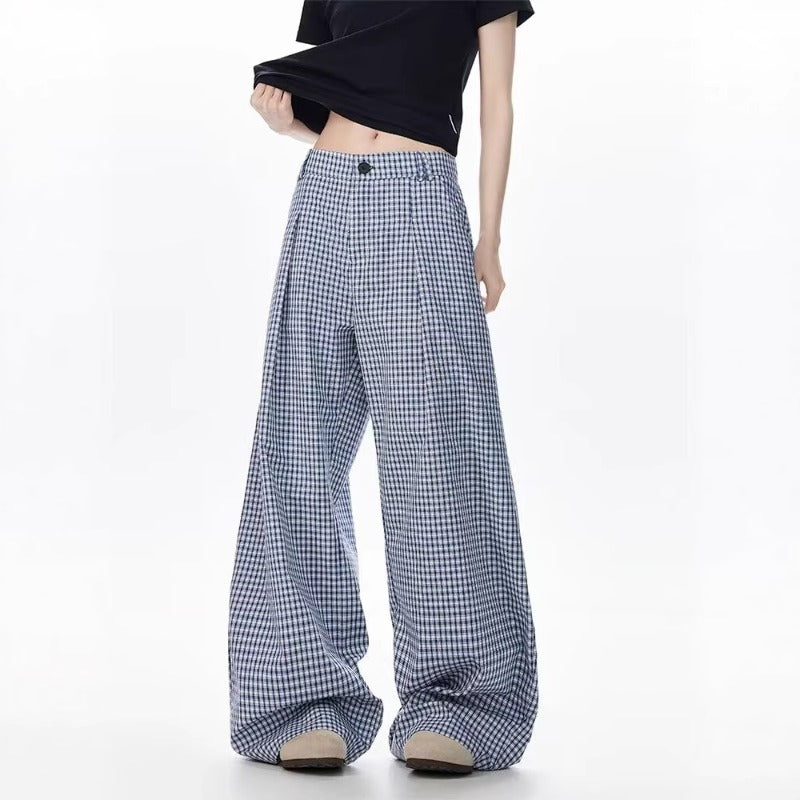 Women casual pants blue plaid summerhigh waist