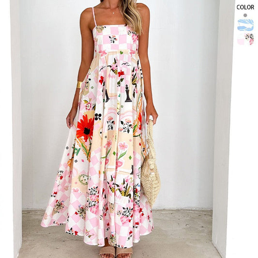 Women's dress: european and american style, cross-border summer fashion, printed backless cami, sexy high-waisted swing dress