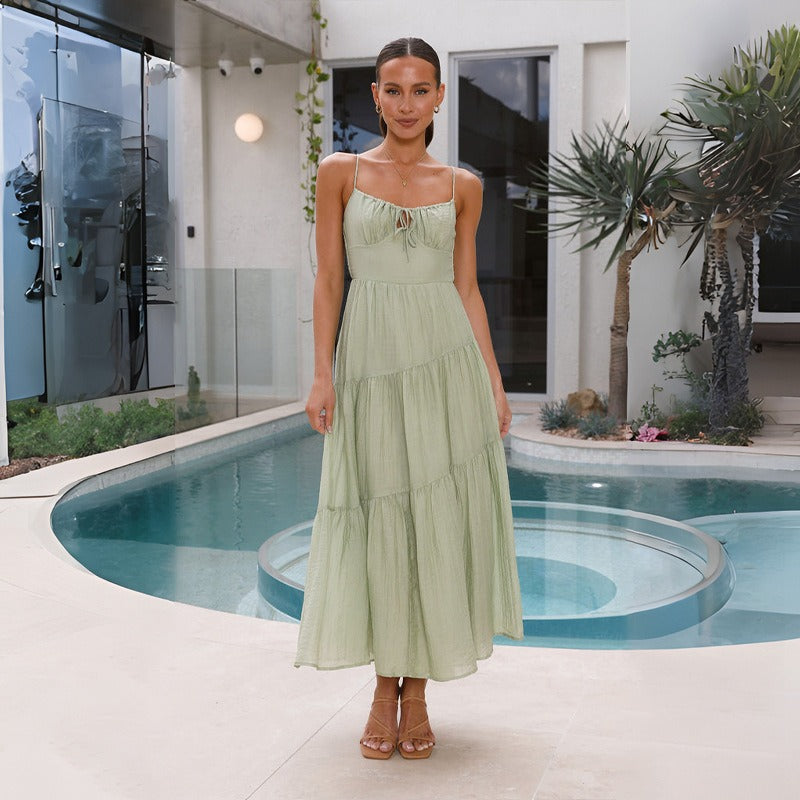 Women's dress - cross-border european & american style, patchwork camisole maxi dress with open back, tie detail, and full skirt. fully lined