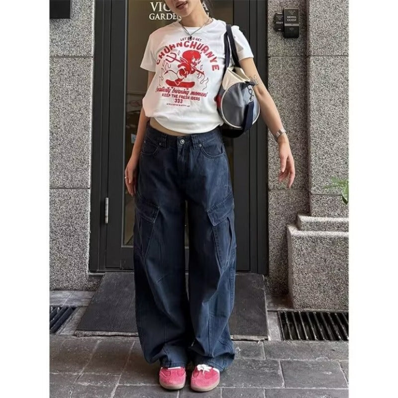 Women casual pants overalls, loose hip hop casual washed trousers
