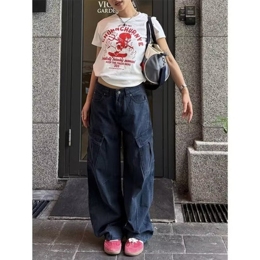 Women casual pants overalls, loose hip hop casual washed trousers