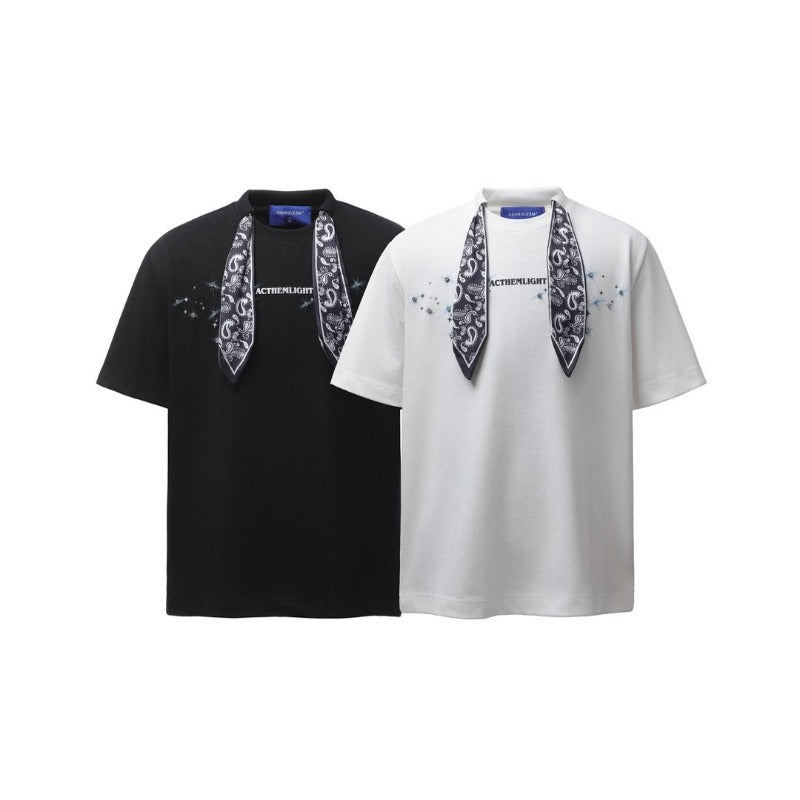 Men t shirts american retroheavy weightg double yarn high quality street fashion high street round neck square scarf men's loose short-sleeved t-shirt