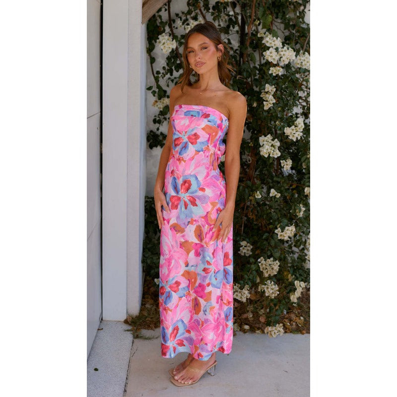 Women's dress - cross-border fashion, european & american amazon style, spring/summer elegant socialite satin backless bandeau dress with print