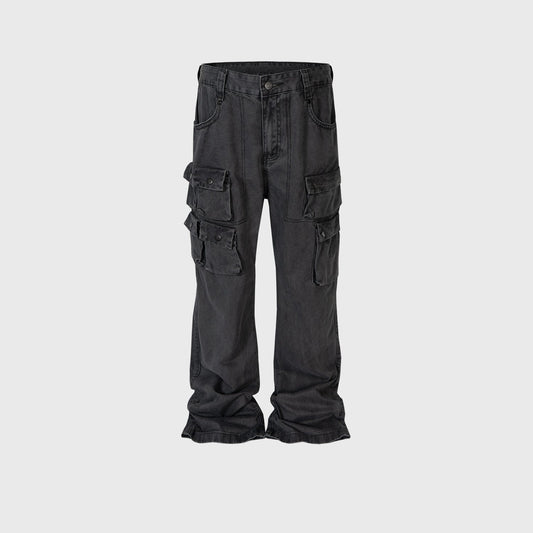 MIJKO Mens Vintage Pants Multi Pocket Wide Feet Cool Jeans