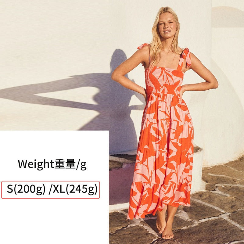Women's dress: european and american cross-border spring/summer unique skirt, elegant and chic printed sleeveless backless tie-up dress