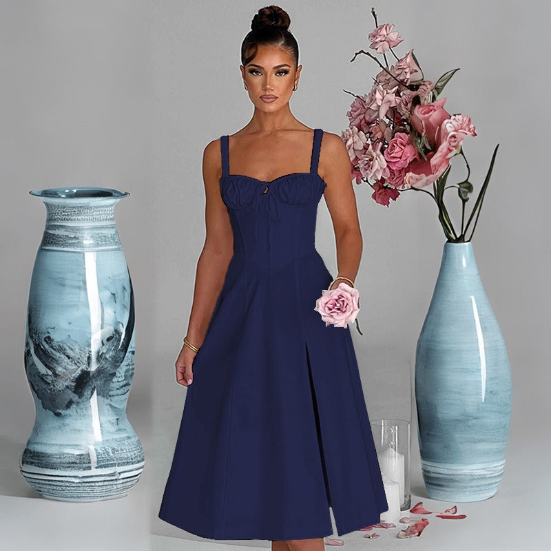 Women's dress - european & american amazon spring/summer fashion casual tie-waist slim-fit slit cami high-end dress