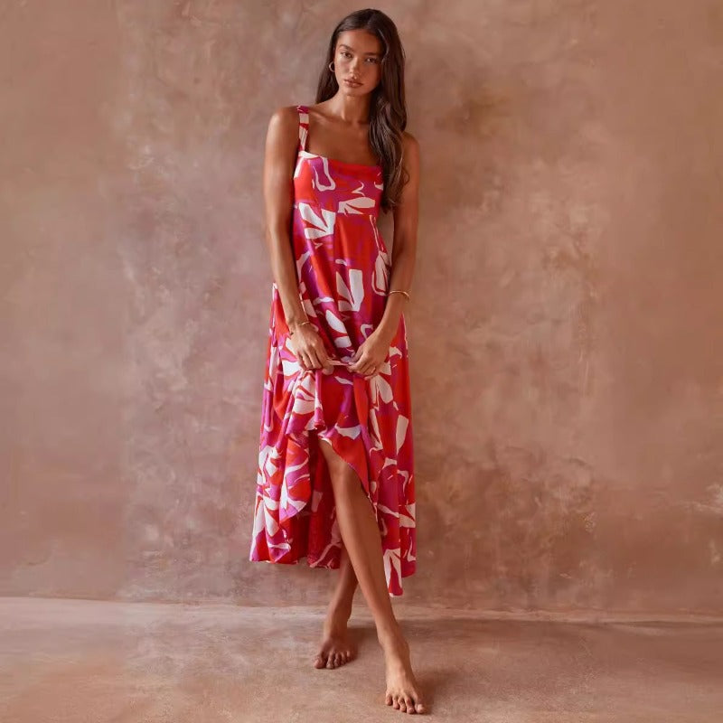 Women's dress - independent website, cross-border e-commerce, european & american style, sexy summer vacation print, fitted flare sleeve cami dress for women