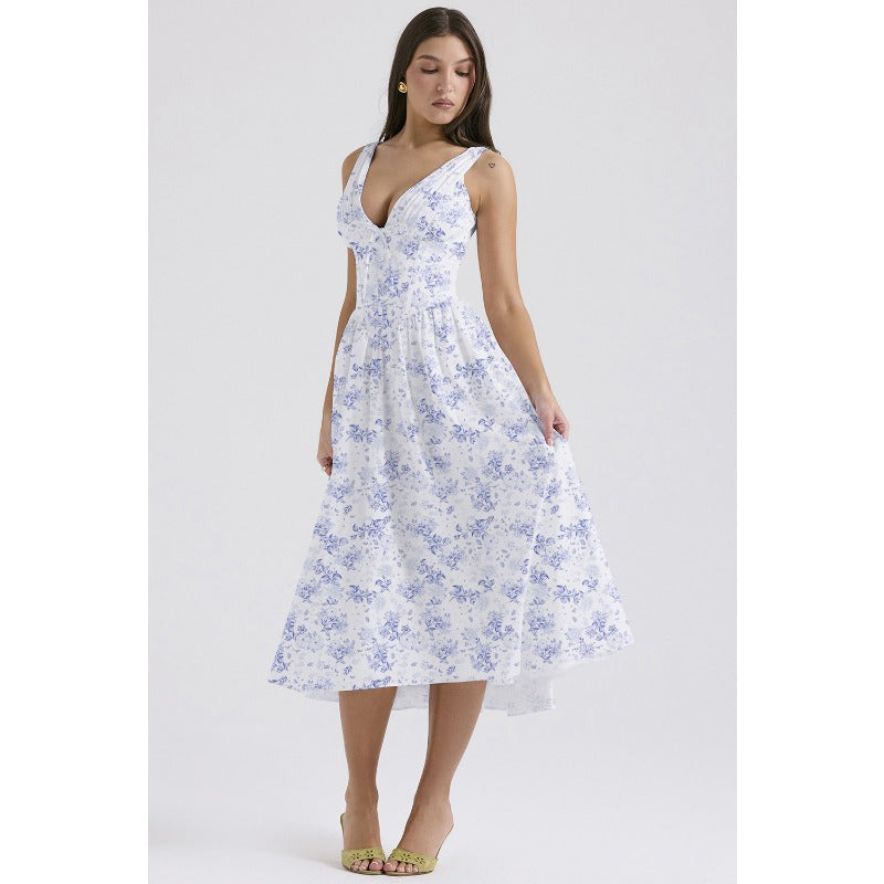 Women's dress - standalone store summer slim-fit camisole maxi dress - european & american style fashion print v-neck elegant dress