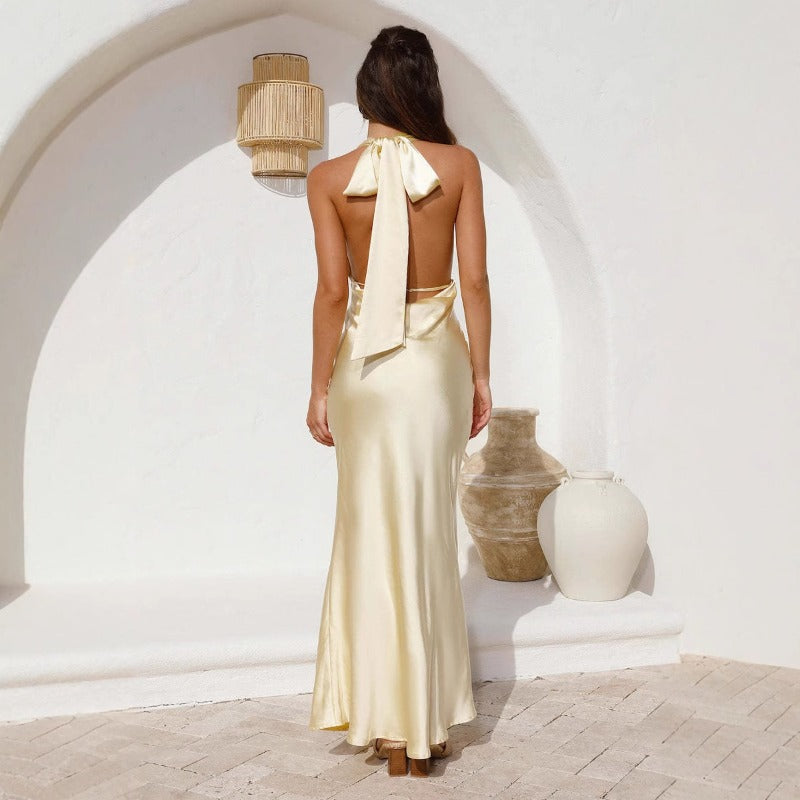 Women's dress: european and american cross-border spring/summer sexy cinched waist halter backless solid color sleeveless evening gown dress for women