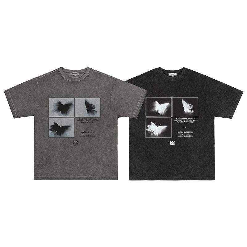 Mens T Shirts Butterfly Print Old Short Sleeve T-Shirts