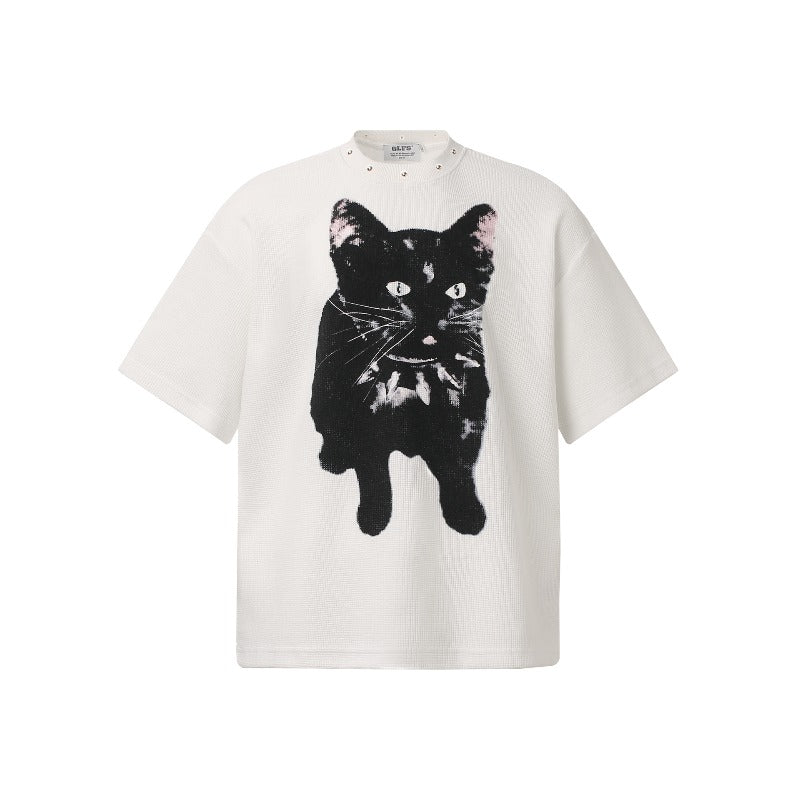 Men t shirts t american retrocouple street trendy waffle grids graffiti cat design high street men's loose small round neck t-shirt