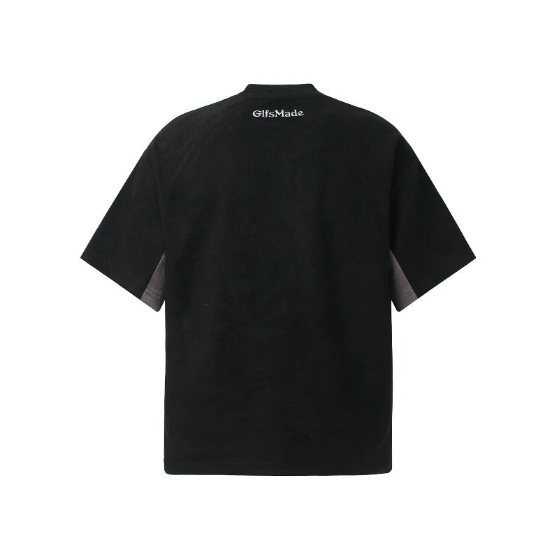 Men's jt american retro couple street style color block suede logo design short sleeve loose fit crew neck t-shirt