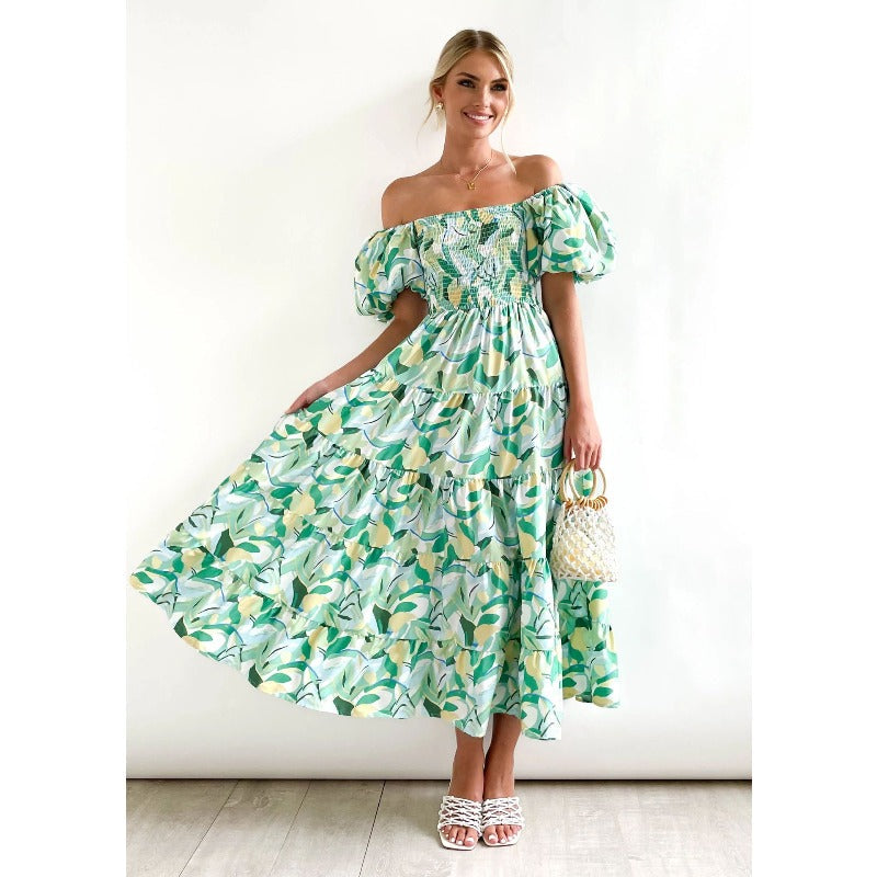 Women's summer dress: european and american style, puff sleeve, slimming maxi dress, hot girl high-waisted off-the-shoulder printed dress
