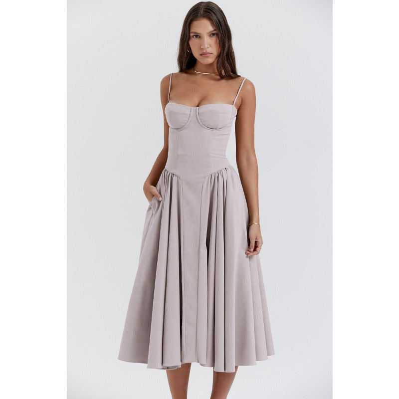 Women's summer amazon dress: french retro long dress, court style dopamine outfit, spaghetti strap dress for women