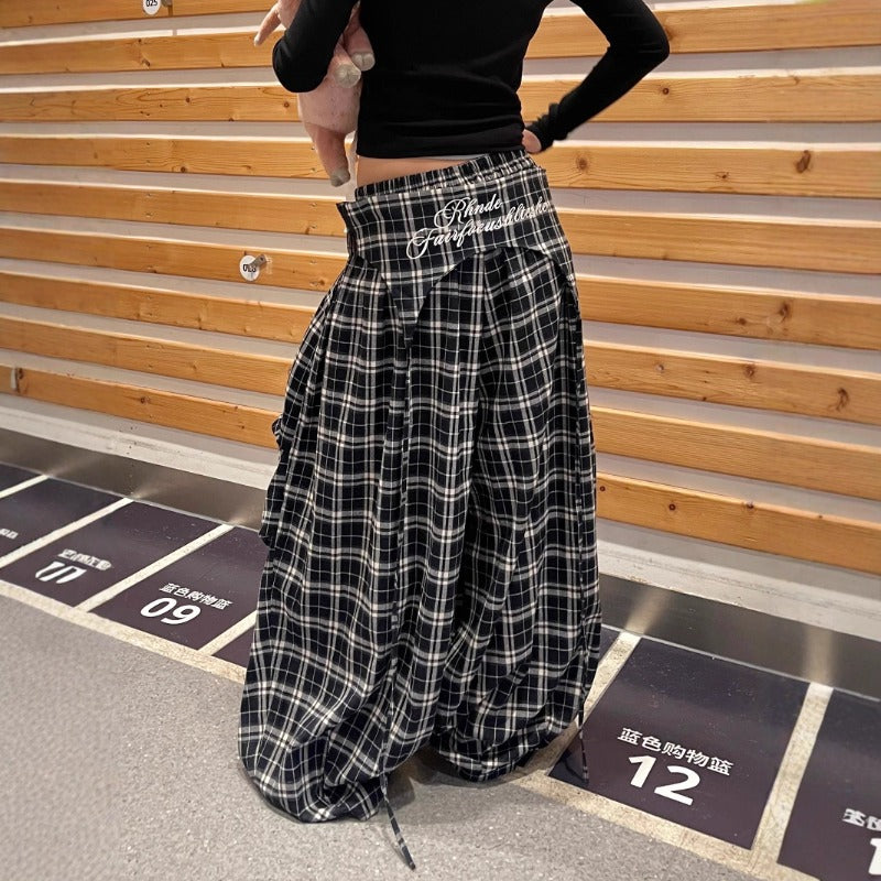 Women casual pants stacked fart curtain women loose plaid