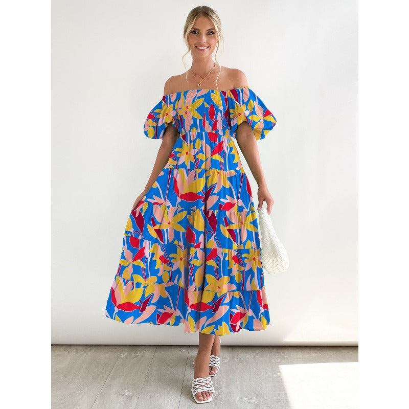 Women's summer dress: european and american style, puff sleeve, slimming maxi dress, hot girl high-waisted off-the-shoulder printed dress