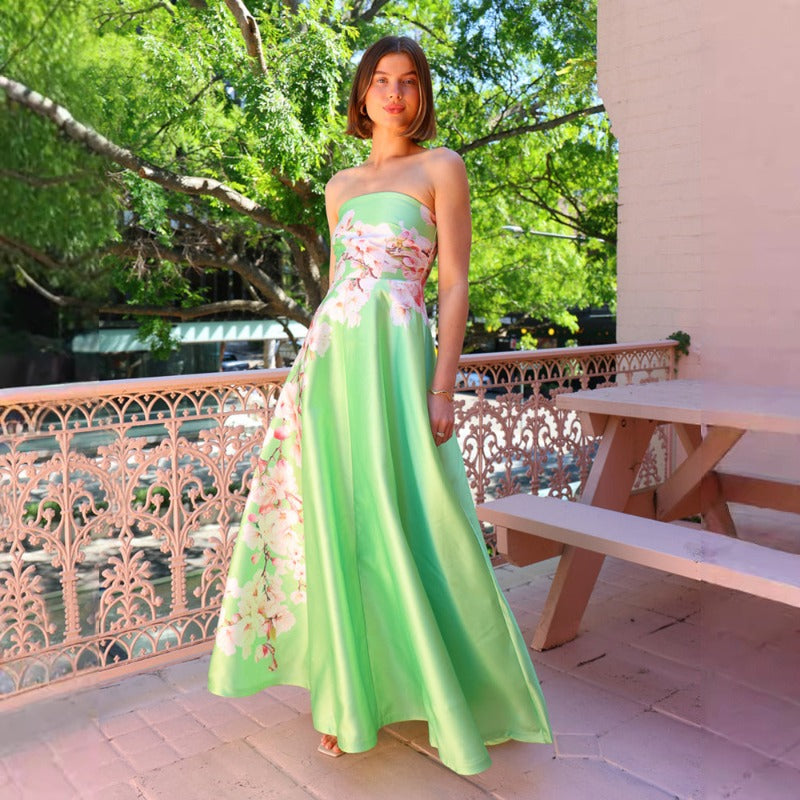 Women's dress: european and american cross-border independent station design, patchwork satin sexy bandeau print high-waisted dress, evening gown