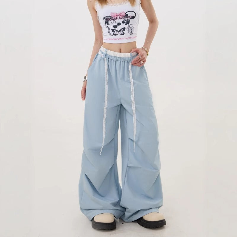 Women casual pants high waist double waist splicing women's summer loose