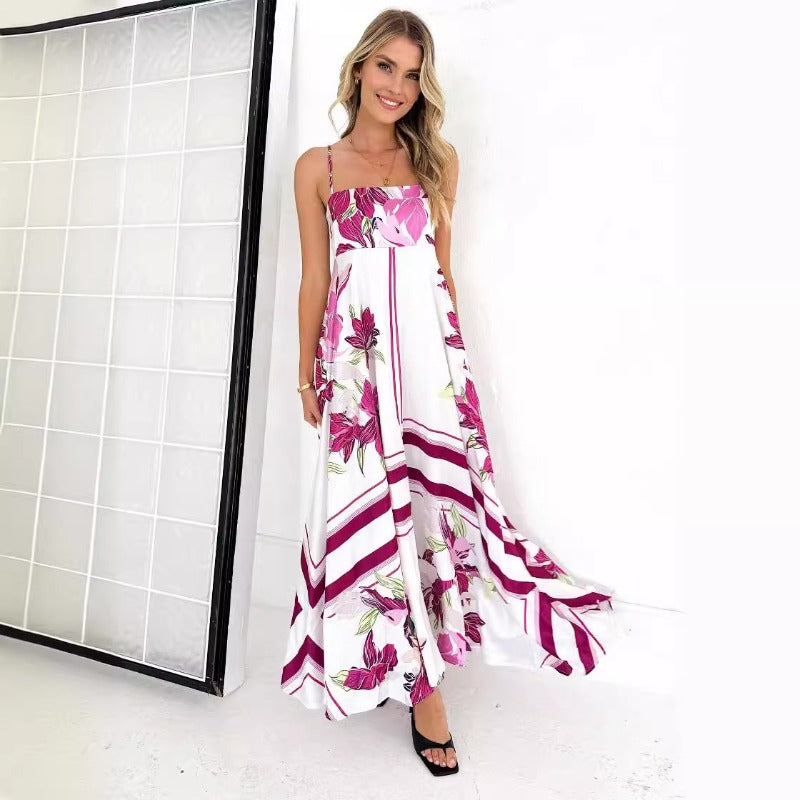 Women's dress - independent website, cross-border e-commerce, summer maxi dress, casual square neck, sleeveless, bohemian spaghetti strap, floral long dress for women