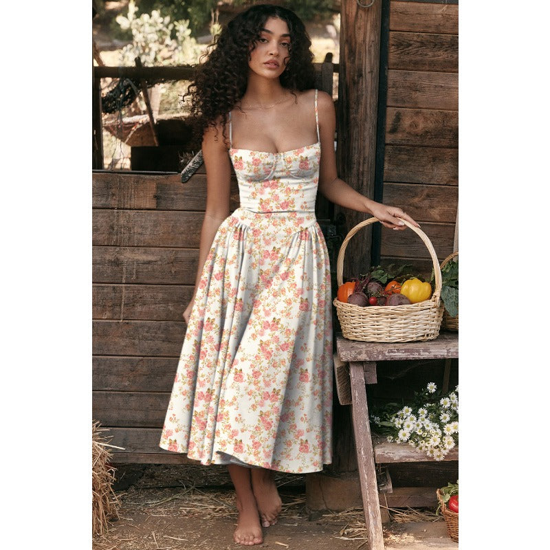 Women's summer amazon dress: french retro long dress, court style dopamine outfit, spaghetti strap dress for women