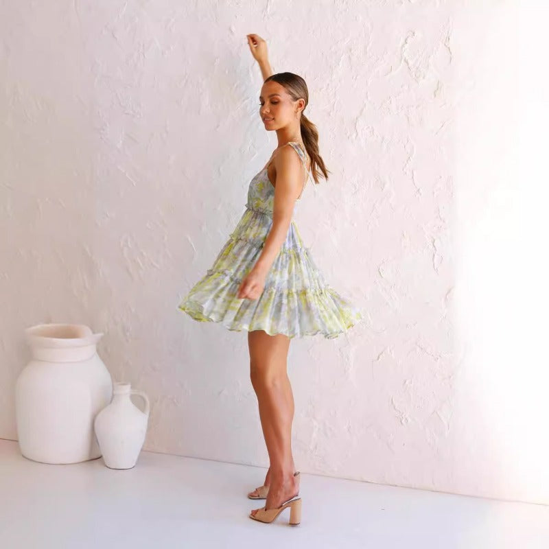 Women's dress - european & american cross-border amazon style - fitted waist, sexy, vacation, backless, printed slip dress