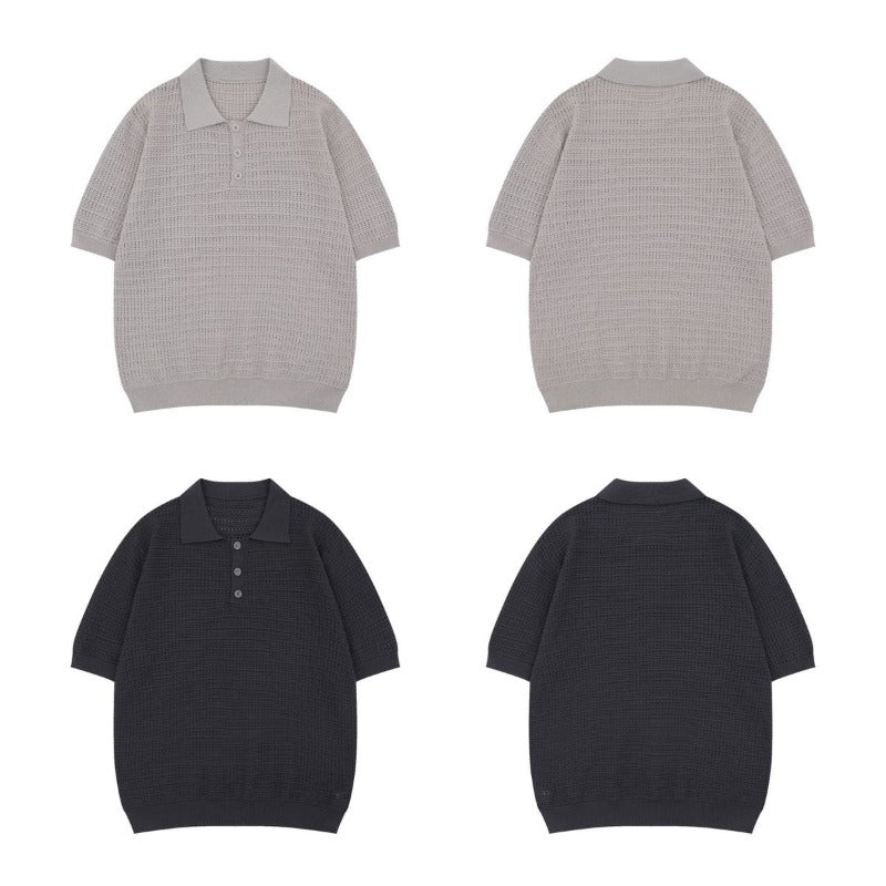 Men t shirts american summer street trendy old money style retropure color design loose men's lapel knitting shirt short sleeve t-shirt