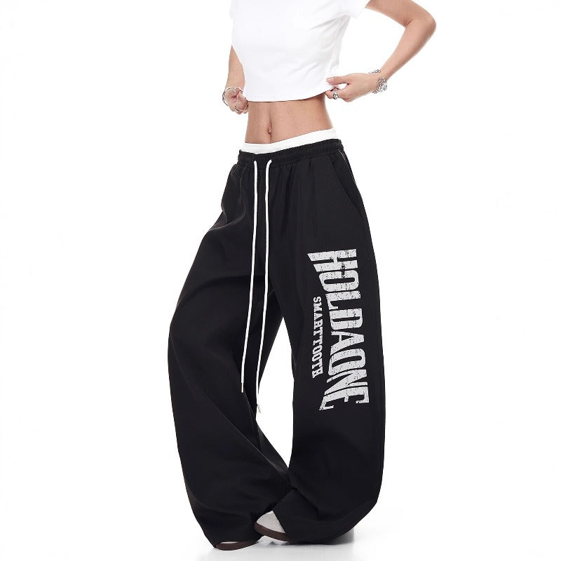 Women casual pants retro double waistband loose