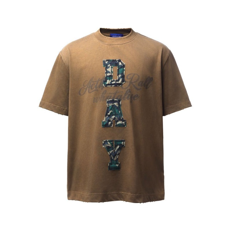 Men's t-shirts: american retro heavyweight double yarn high-quality letter patch embroidery design, men's loose fit short sleeve t-shirt
